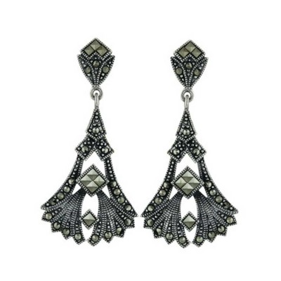Marcasite Earring Dangle Fan Design with Square Marcasite