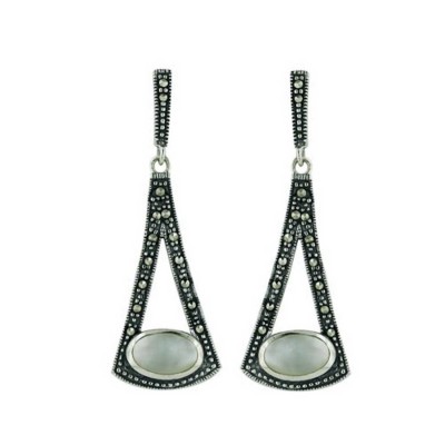 Marcasite Earring Triangle Dangle Oval Mother of Pearl on Bottom