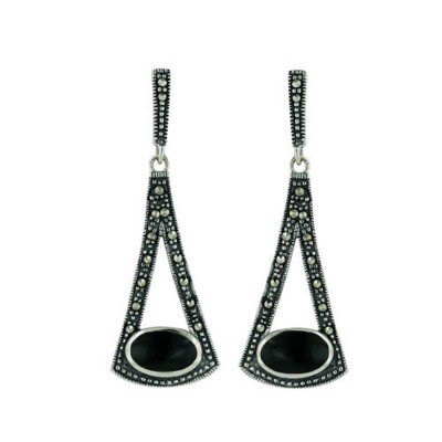 Marcasite Earring Triangle Dangle Oval Onyx on Bottom