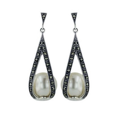 Marcasite Earring Open Teardrop Wrap Around Pearl