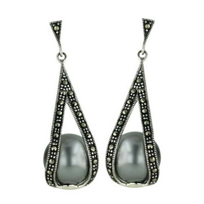 Marcasite Earring Open Teardrop Wrap Around Black Pearl