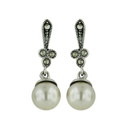 Marcasite Earring 8mm Pearl Dangle Marcasite on Top