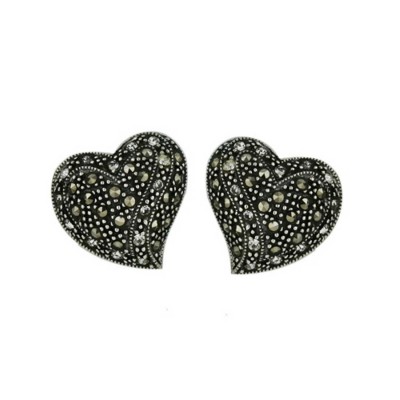 Marcasite Earring Heart Puffed Clear Cubic Zirconia Pave Around