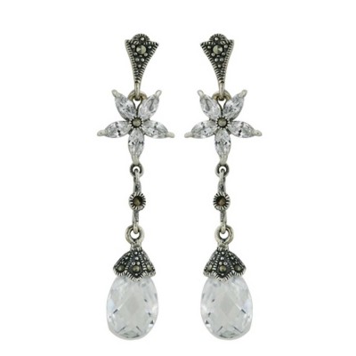 Marcasite Earring Clear Cubic Zirconia Flower Top with Chess Cut Drop