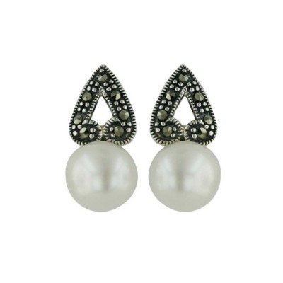 Marcasite Earring Upside Down Heart with 8.5mm Potato Fresh Water Pearl