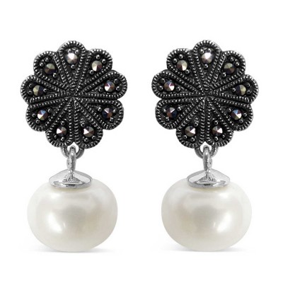 Marcasite Earring 12Mm Fresh Water Pearl Dangle On Marca