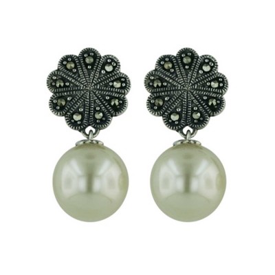 Marcasite Earring 12mm Pearl Dangle on Marc. Flower
