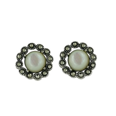 Marcasite Earring 6mm Mother of Pearl Dome Marcasite Around