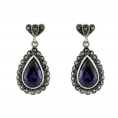 Marcasite Earring Teardrop Amethyst Cubic Zirconia with Marc. Around