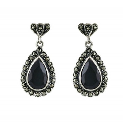 Marcasite Earring Teardrop Black Cubic Zirconia with Marc. Around