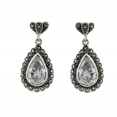 Marcasite Earring Teardrop Clear Cubic Zirconia with Marc. Around