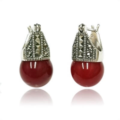 Marcasite Earring Square Cut Marcasite Carnelian Latch Hook