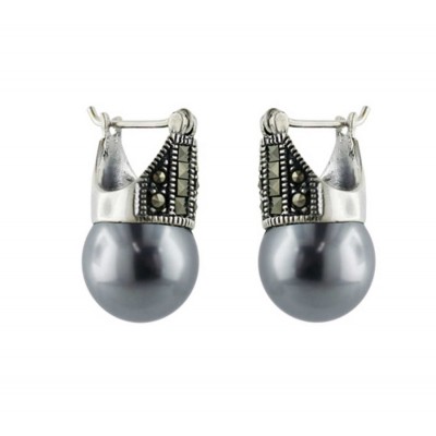 Marcasite Earring Square Cut Marcasite Gray Pearl Latch Hook