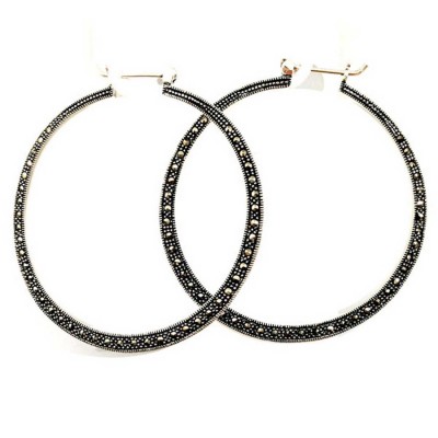 Marcasite Earring 53mm Flat Moon Hoop Latch Hook