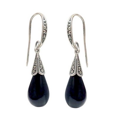Marcasite Earring Onyx Pear Shape Marcasite Cap