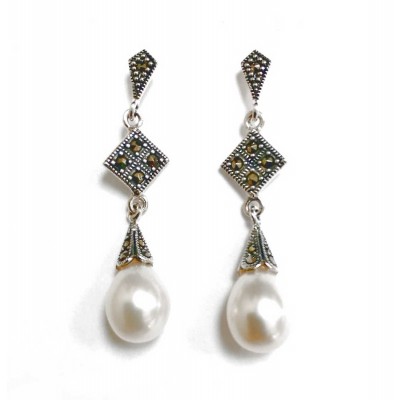 Marcasite Earring Marcasite Cap Fresh Water Pearl Square Top