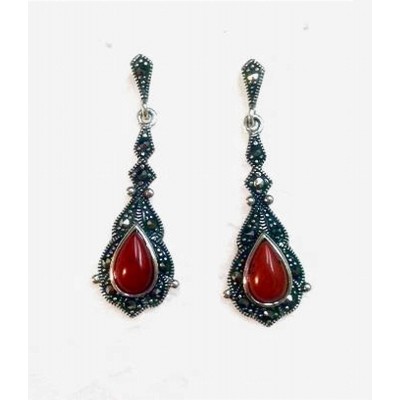 Marcasite Earrings Red Jasper Dangling Teardrop