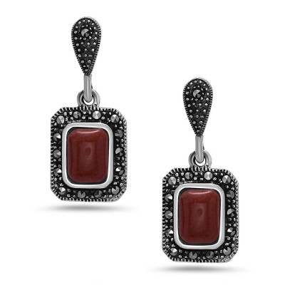 MS Earrings Red Jasper Sq Dangling W/ Ms Outline, Red