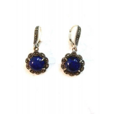 Marcasite Eargs Lapis Blue with Marcasite Flower Outline Marcasite Lever