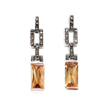 Marcasite Earring Rectangular Champagne Cubic Zirconia Open Marcasite Rectangular Top