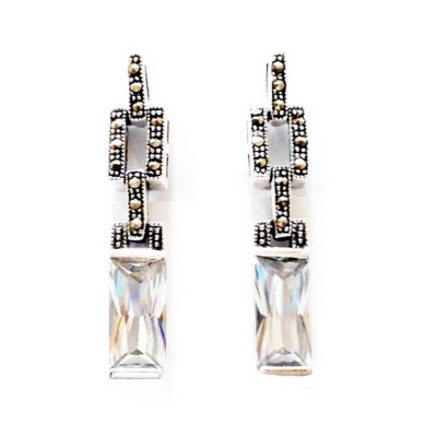 Marcasite Earring Rectangular Clear Cubic Zirconia Open Marcasite Rectangular Top