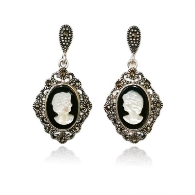 Marcasite Earring Cameo Dangle with Marcasite Rhombus Border