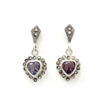 Marcasite Earring Heart Amethyst Cubic Zirconia Triangle Top