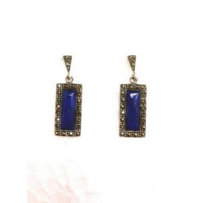 Marcasite Earring Long Rectangle Lapis Blue with Bail