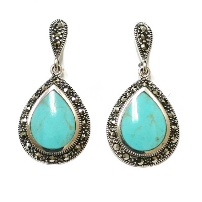 Marcasite Earring Cabochon Reconstituent Turquoise Teardrop with Marcasite Around