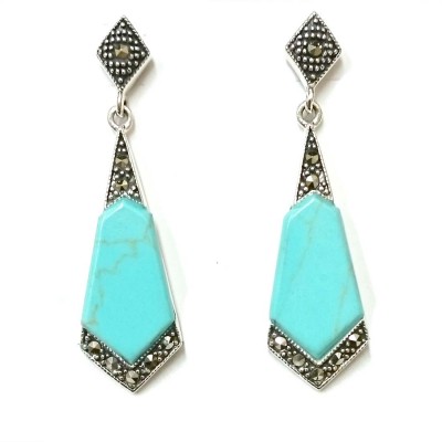 Marcasite Earring Long Rhombus Shaped Reconstituent Turquoise with Marcasite Outlin