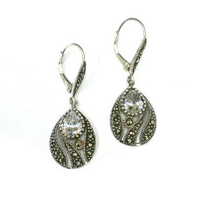 Marcasite Earring Puffy Open Marcasite Teardrop with Clear Cubic Zirconia