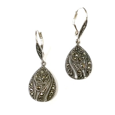Marcasite Earring Puffy Open Marcasite Teardrop with Lever Back