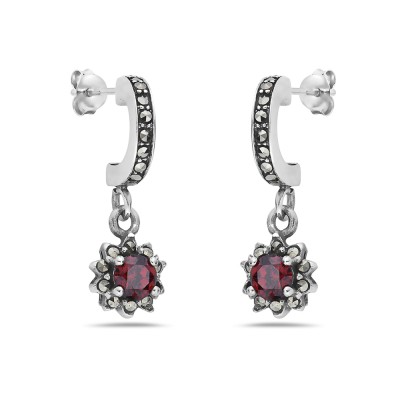 MS EARRING GARNET CZ FLOWER DROP WITH MARCASITE C HOOP