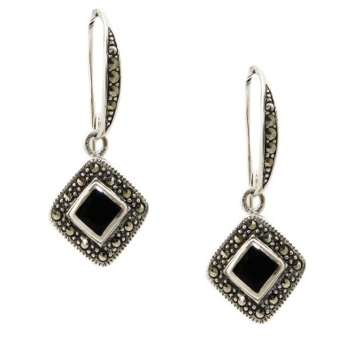 Marcasite Earring Rhombus Onyx with Marcasite Outline