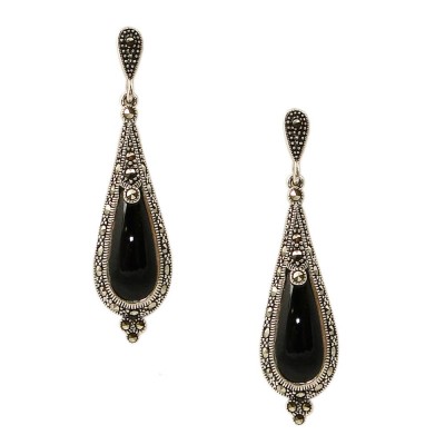 Marcasite Earring Onyx Teardrop with Marcasite Outline