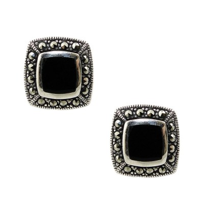 Marcasite Earring 12mm Square Onyx Outline Marcasite