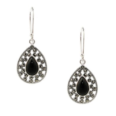 MS Earring Teardrop Onyx Marcasite Filigree Wrap