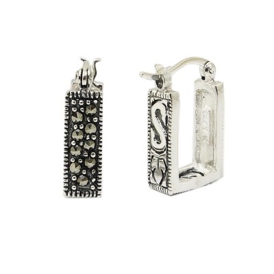 MS Earring Rectangle Marcasite Hoop With Latch Bac