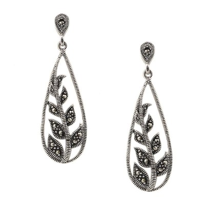 MARCASITE EARRING LEAVES IN OPEN TEARDROP DANGLE STUD POS