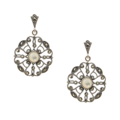 MARCASITE EARRING FILIGREE ROUND MOP CENTER