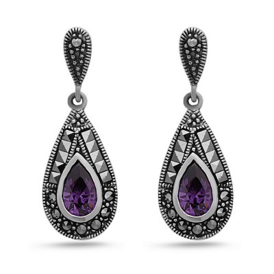 MARCASITE EARRING AMETHYST CUBIC ZIRCONIA TEARDROP SQUARE MARCASITE WRAP
