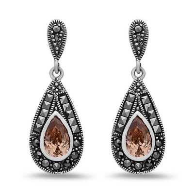 MARCASITE EARRING CHAMPAGNE CUBIC ZIRCONIA TEARDROP SQUARE MARCASITE WRAP