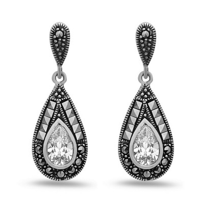 MARCASITE EARRING CLEAR CUBIC ZIRCONIA TEARDROP SQUARE MARCASITE WRAP