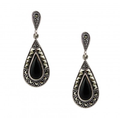 MARCASITE EARRING CABOCHON ONYX TEARDROP MARCASITE WRAP