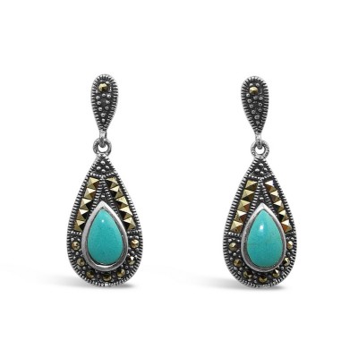 MARCASITE EARRING TEAR DROP RECONSTITUENT TURQUOISE