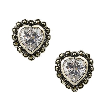 MARCASITE EARRING CLEAR CUBIC ZIRCONIA HEART MARCASITE WRAP STUD
