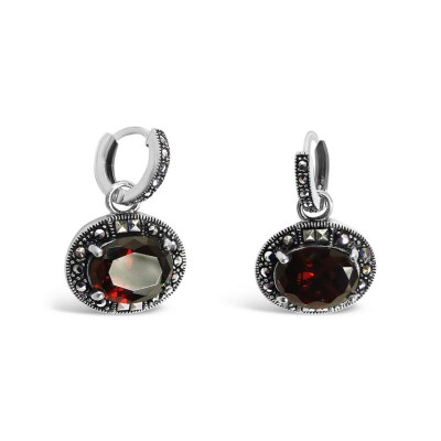 Marcasite Earring Sideway Oval Garnet Cubic Zirconia With Huggy Top