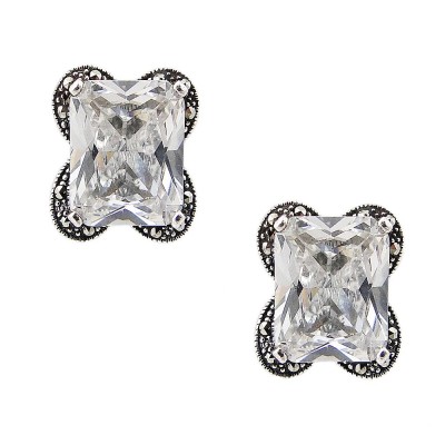 MARCASITE EARRING 10*12MM CUSHION CLEAR CUBIC ZIRCONIA WITH MARCASITE LINES