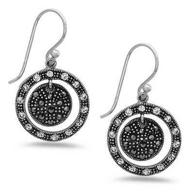 MARCASITE EARRING OXIDIZED CIRCLE WITH DANGLE MARCASITE CIRCLE