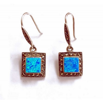 Marcasite Earring Square Clear Cubic Zirconia With Marcasite Wire